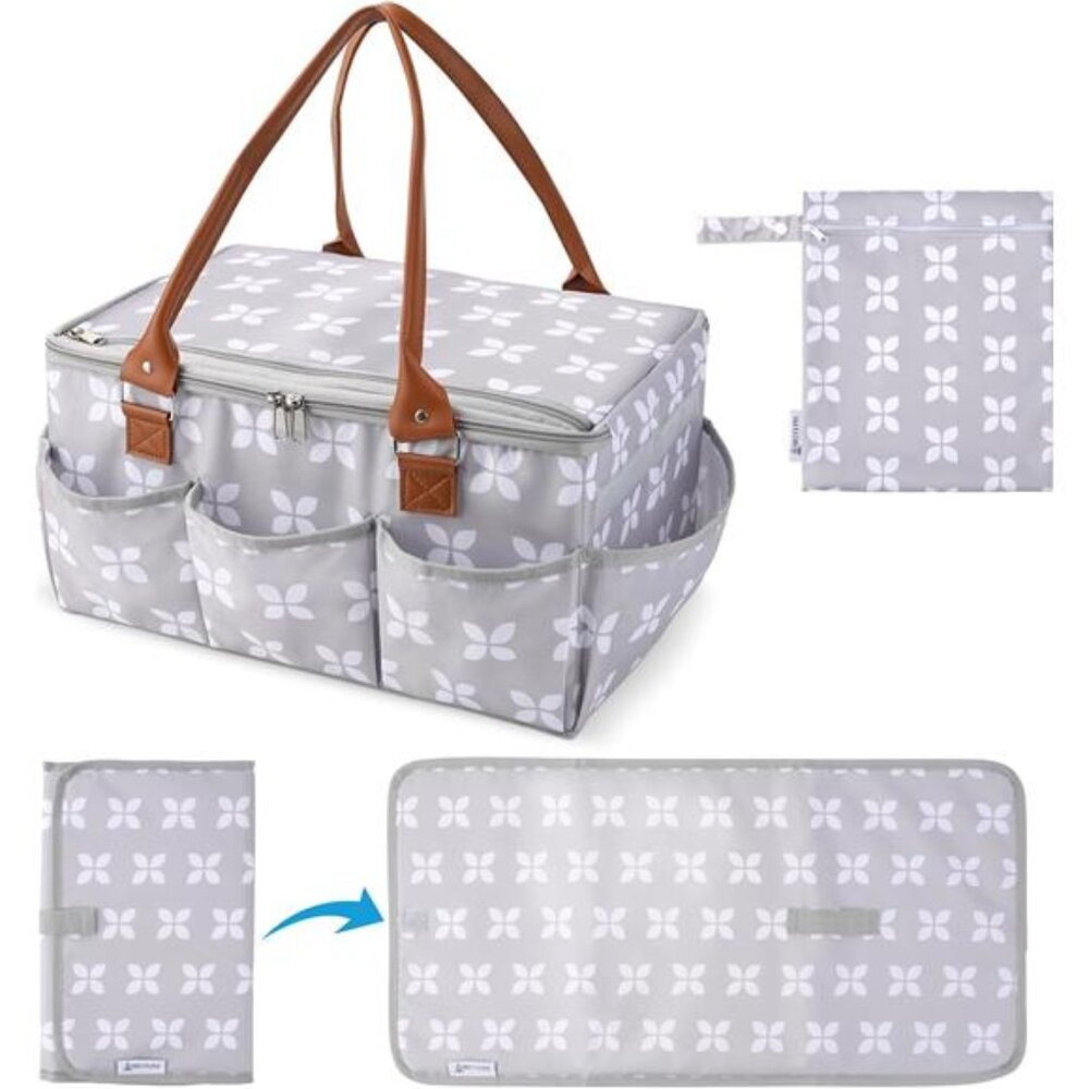 Large Baby Diaper Caddy Organizer with Lid Changing Mat Nursery Storage Tote Gre